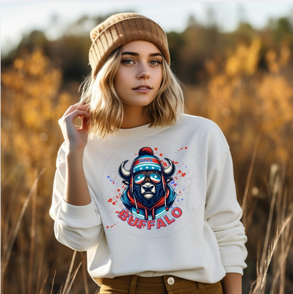BuFFALO WEARING WINTER HAT SWEATSHIRT
